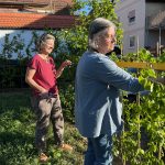 Zwei Frauen messen die Höhe eien Hecke